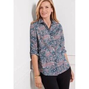 Talbots Wrinkle Resistant Teal Paisley Print Cotton Button Up Blouse Shirt Sz 12